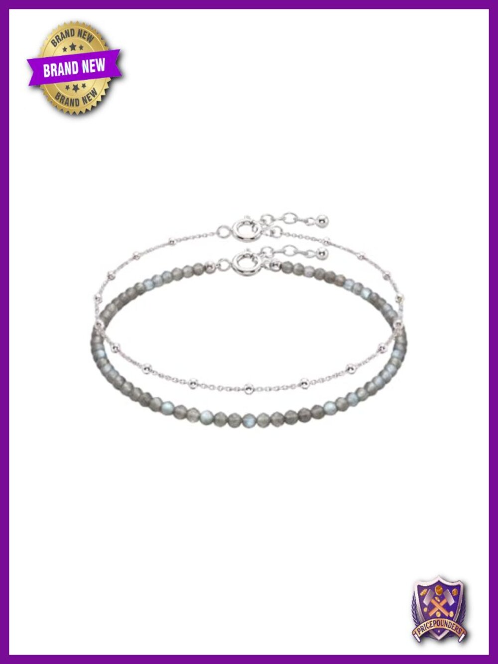 Set of 2 Bracelets - 925 Sterling Silver Satellite Chain & Natural Labradorite